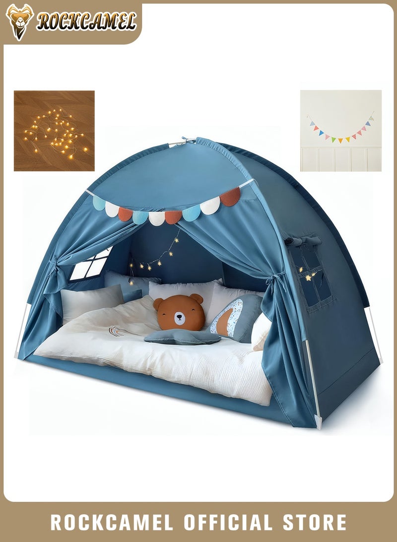 ROCKCAMEL Kids Play Tent, Large Indoor Play House Tent with Lights & Flags, Princess Castle Tent for Girls Boys, Children Play Castle for Reading, Fort, Bedroom & Camping, Birthday Holiday Gift (194×98×120cm, Blue） - Image 1